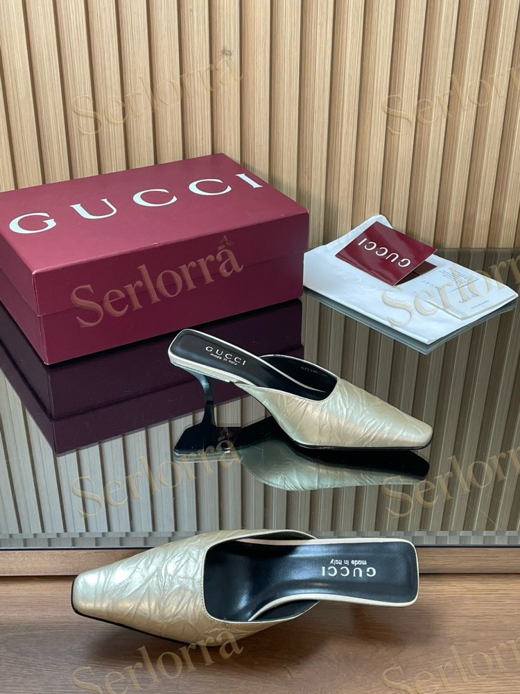 GUCCI LEATHER SQUARE TOE KITTEN HEEL MULES