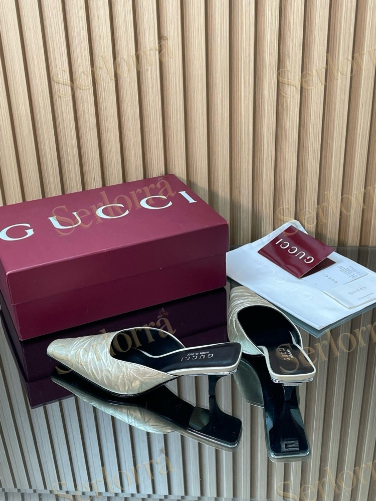 GUCCI LEATHER SQUARE TOE KITTEN HEEL MULES
