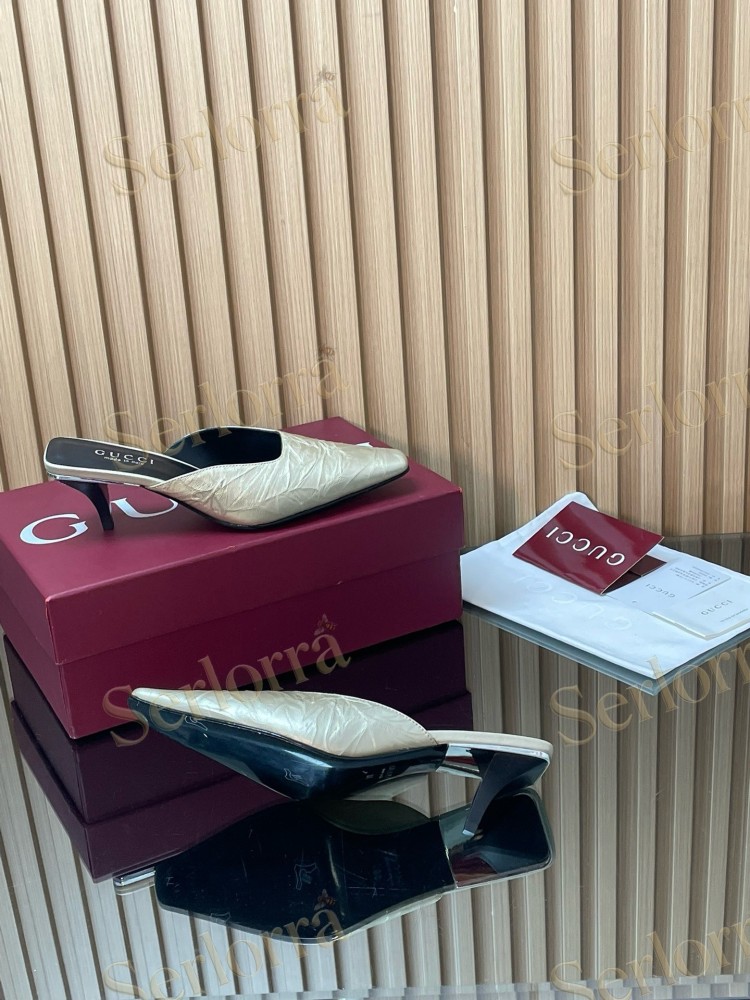 GUCCI LEATHER SQUARE TOE KITTEN HEEL MULES