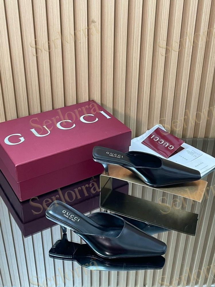GUCCI LEATHER SQUARE TOE KITTEN HEEL MULES