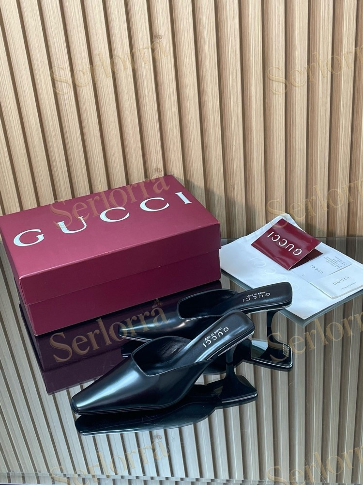 GUCCI LEATHER SQUARE TOE KITTEN HEEL MULES
