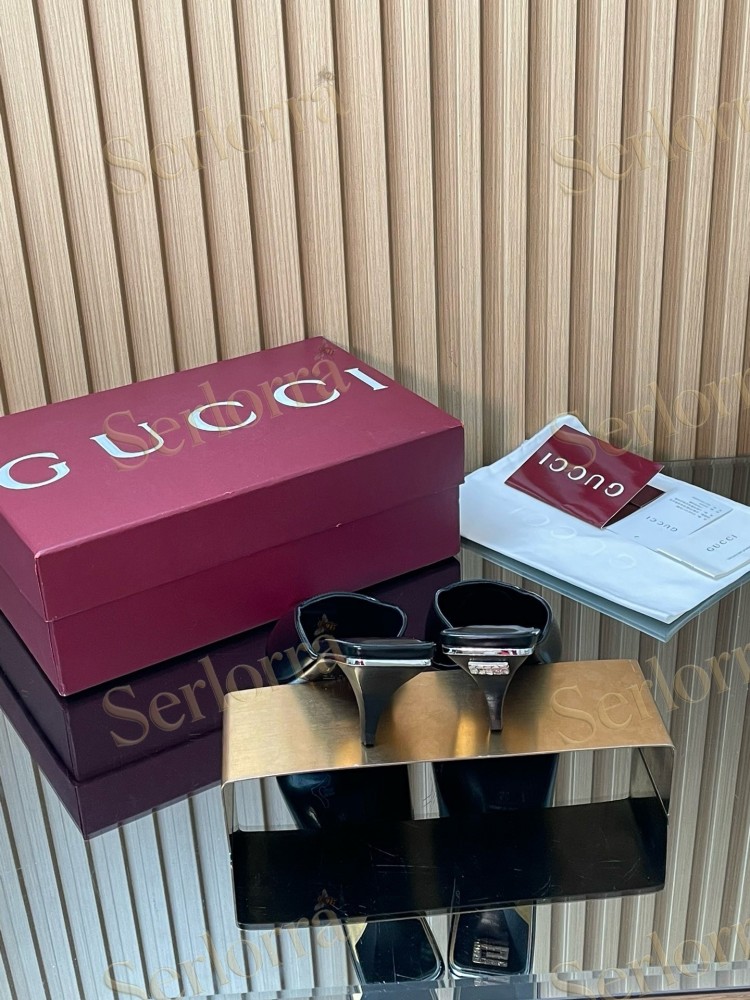 GUCCI LEATHER SQUARE TOE KITTEN HEEL MULES