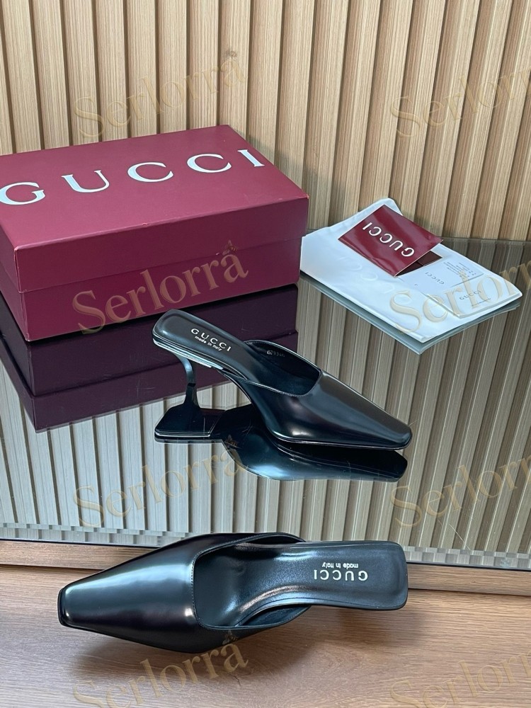 GUCCI LEATHER SQUARE TOE KITTEN HEEL MULES