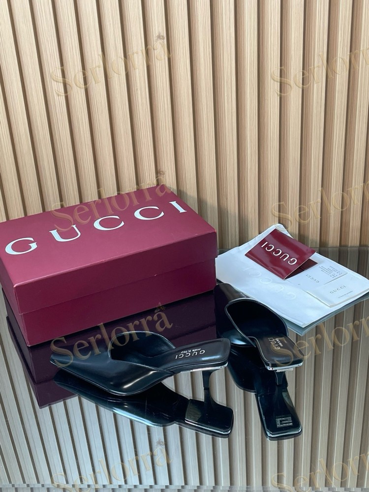 GUCCI LEATHER SQUARE TOE KITTEN HEEL MULES