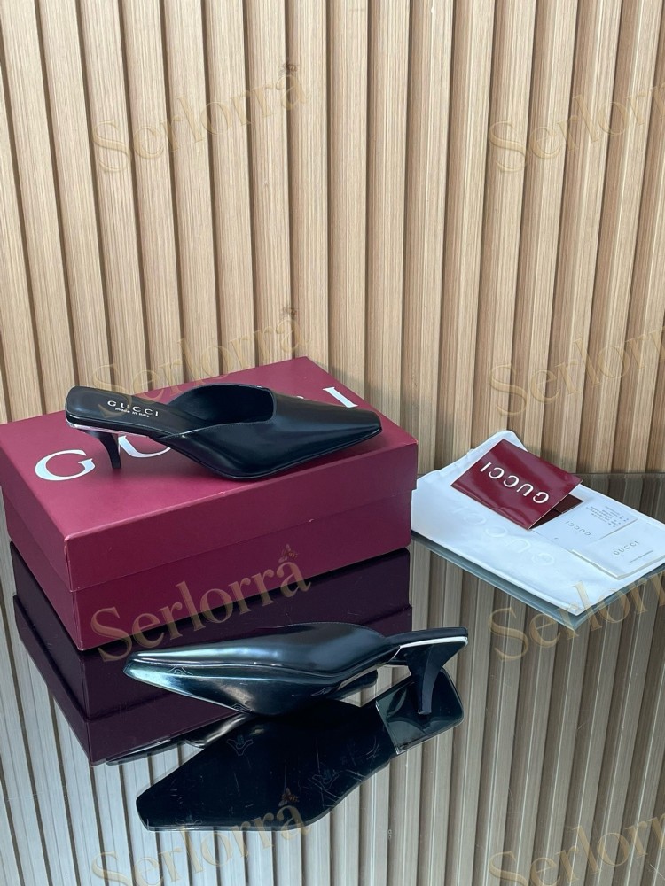 GUCCI LEATHER SQUARE TOE KITTEN HEEL MULES