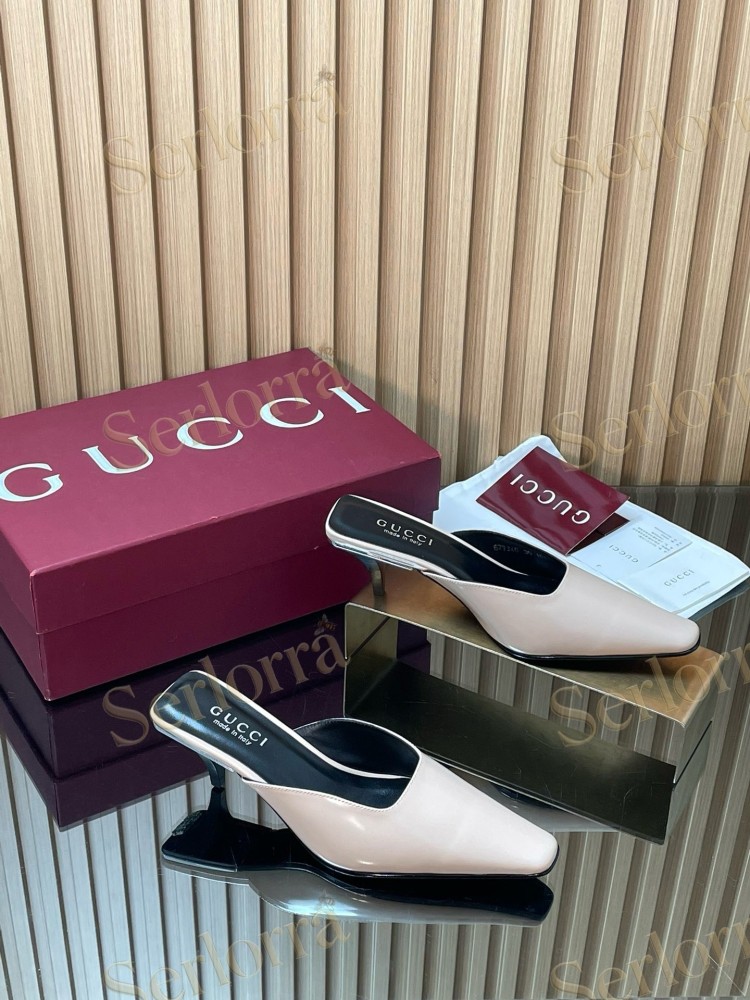 GUCCI LEATHER SQUARE TOE KITTEN HEEL MULES