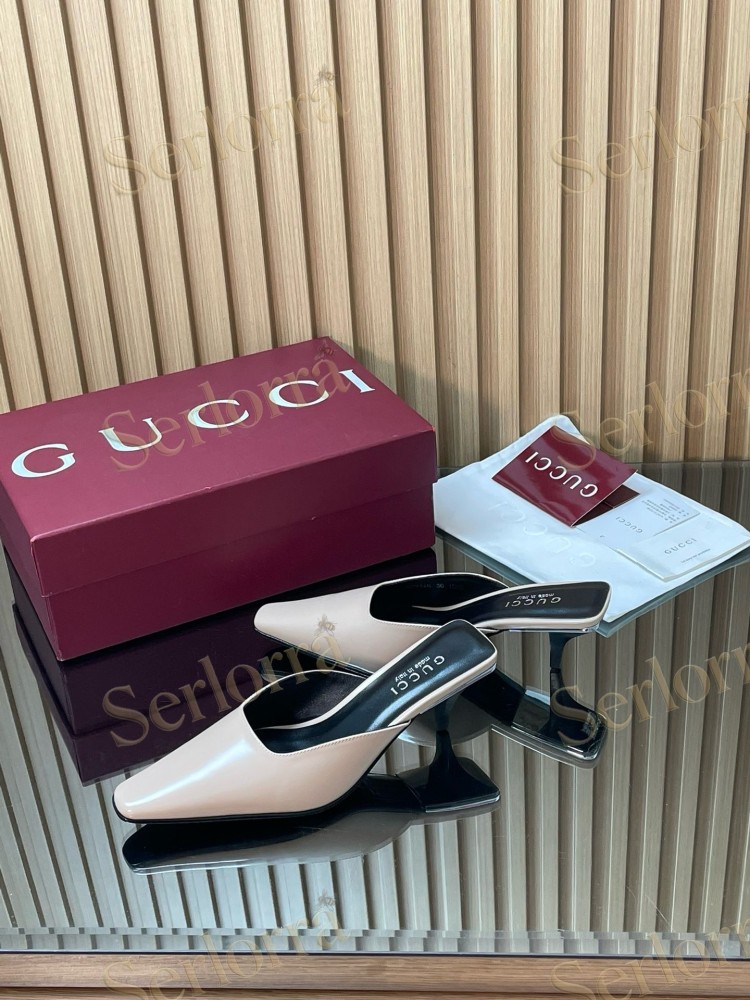GUCCI LEATHER SQUARE TOE KITTEN HEEL MULES