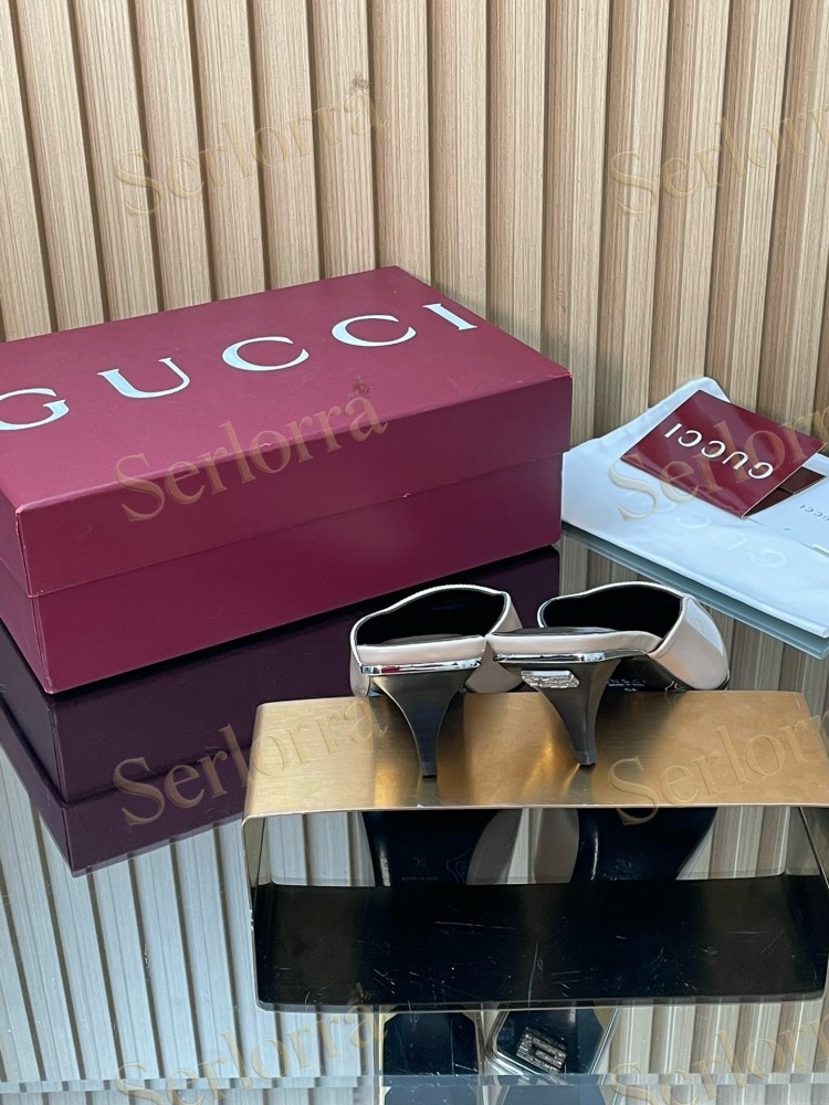GUCCI LEATHER SQUARE TOE KITTEN HEEL MULES