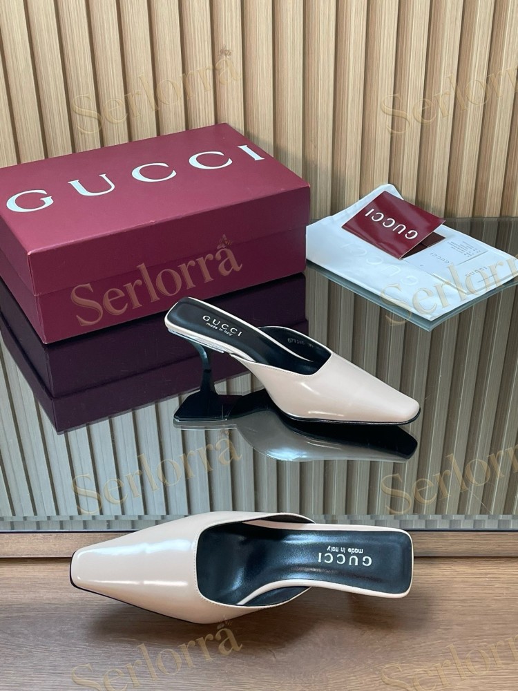 GUCCI LEATHER SQUARE TOE KITTEN HEEL MULES