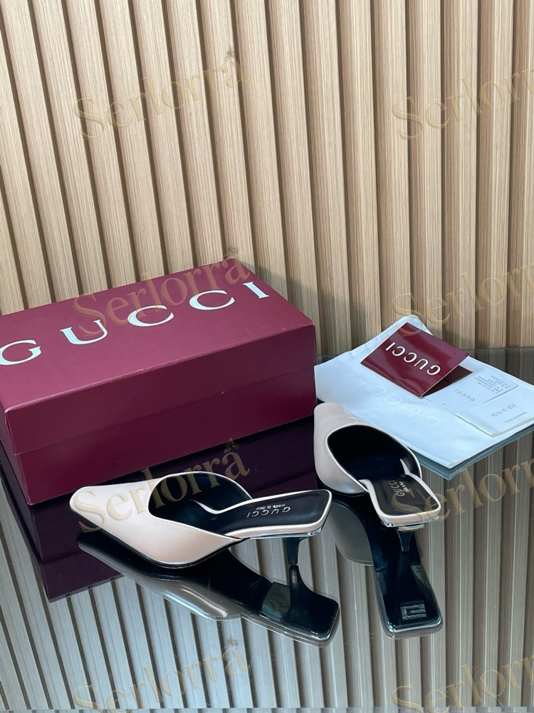 GUCCI LEATHER SQUARE TOE KITTEN HEEL MULES