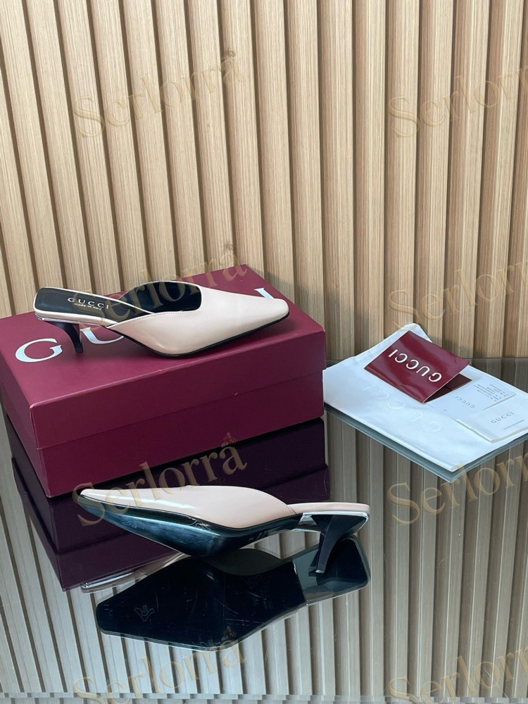GUCCI LEATHER SQUARE TOE KITTEN HEEL MULES