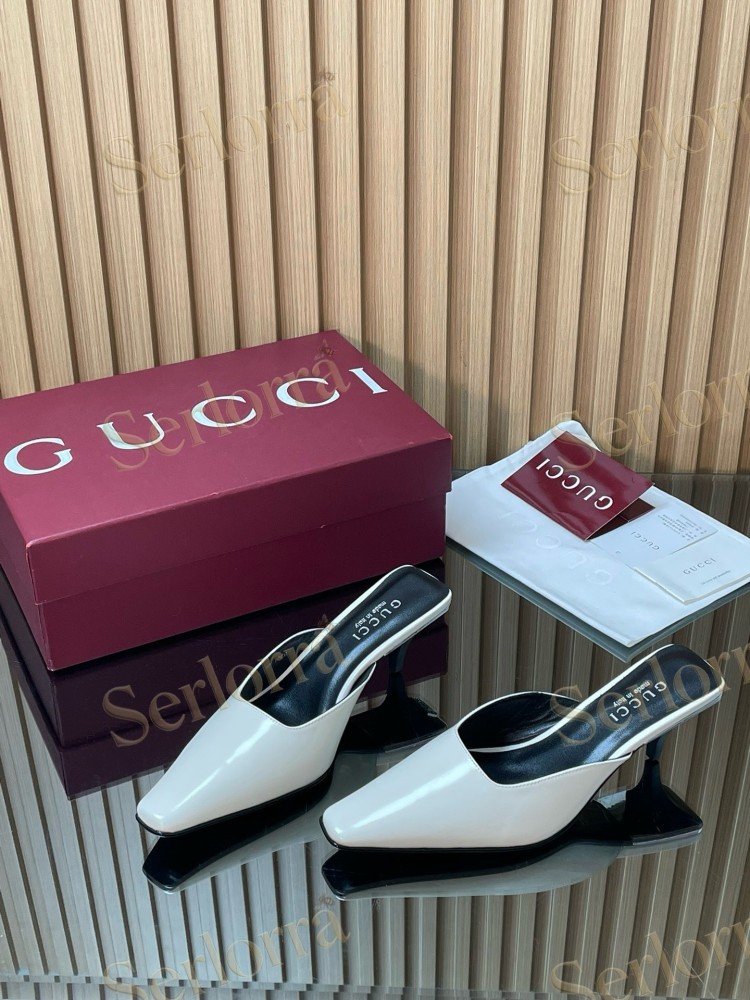 GUCCI LEATHER SQUARE TOE KITTEN HEEL MULES
