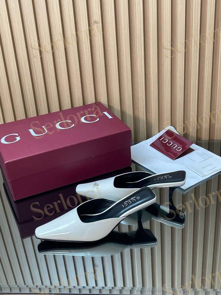 GUCCI LEATHER SQUARE TOE KITTEN HEEL MULES