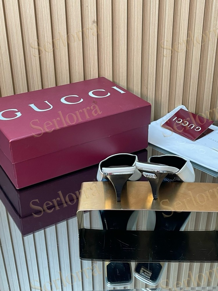 GUCCI LEATHER SQUARE TOE KITTEN HEEL MULES
