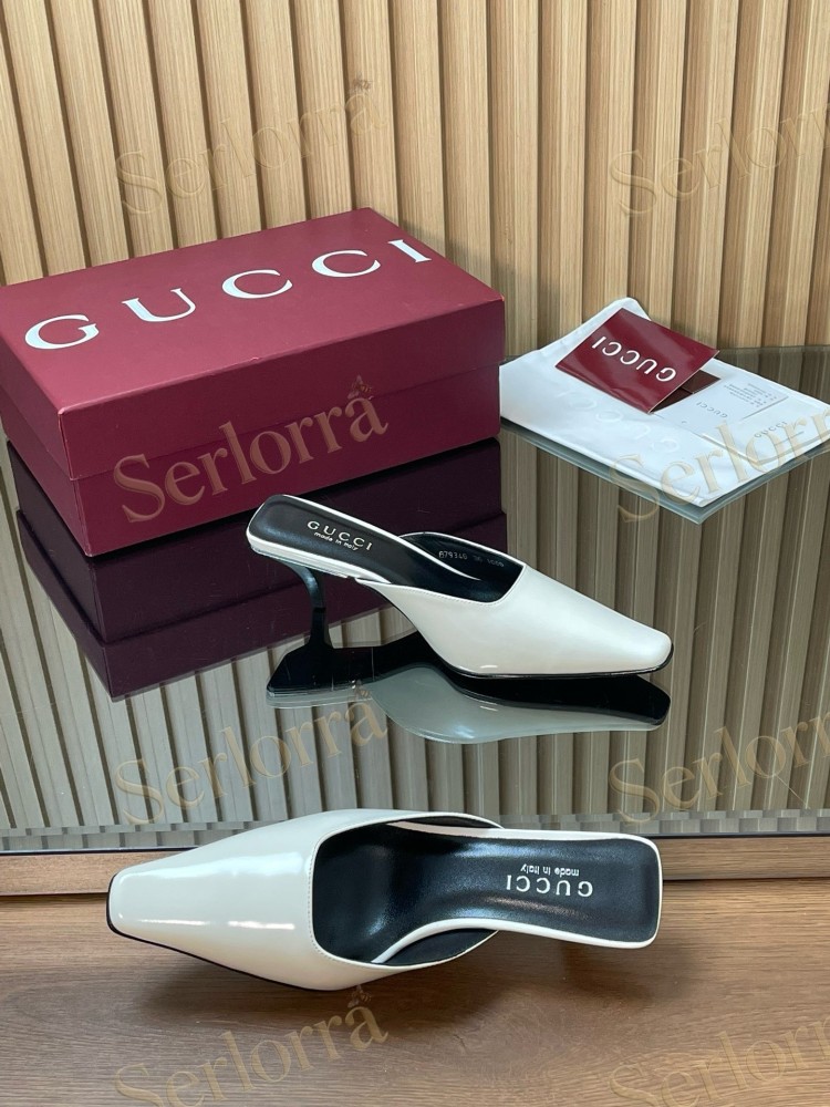 GUCCI LEATHER SQUARE TOE KITTEN HEEL MULES