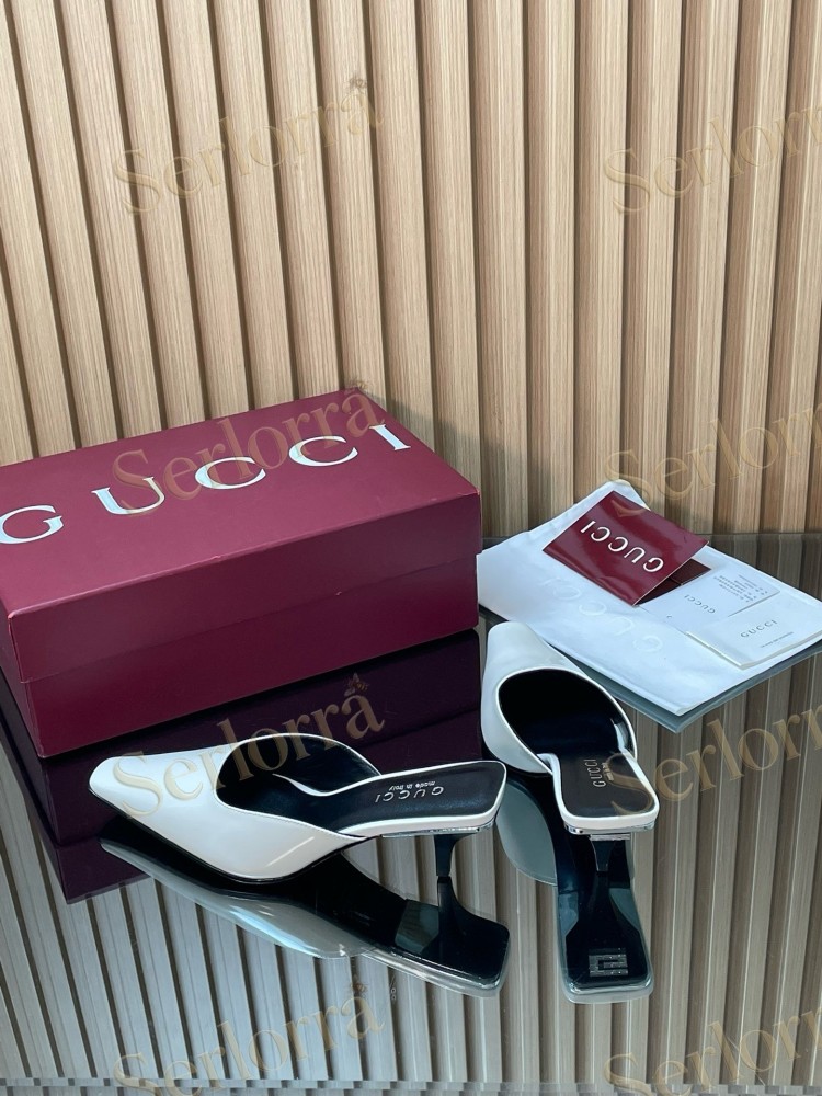 GUCCI LEATHER SQUARE TOE KITTEN HEEL MULES