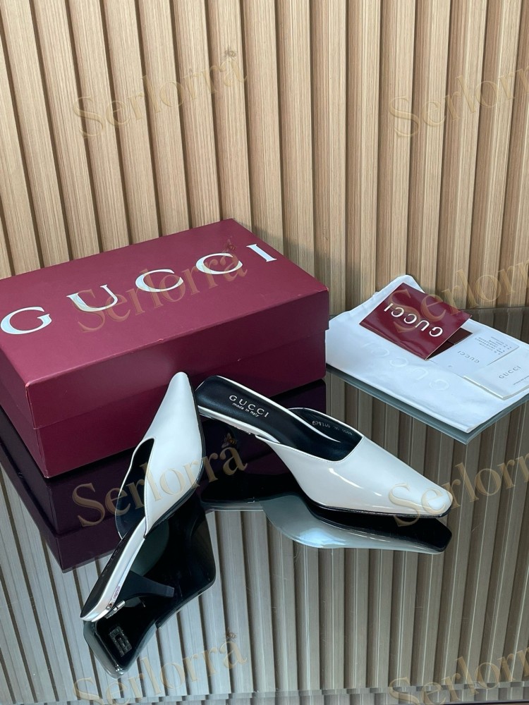 GUCCI LEATHER SQUARE TOE KITTEN HEEL MULES