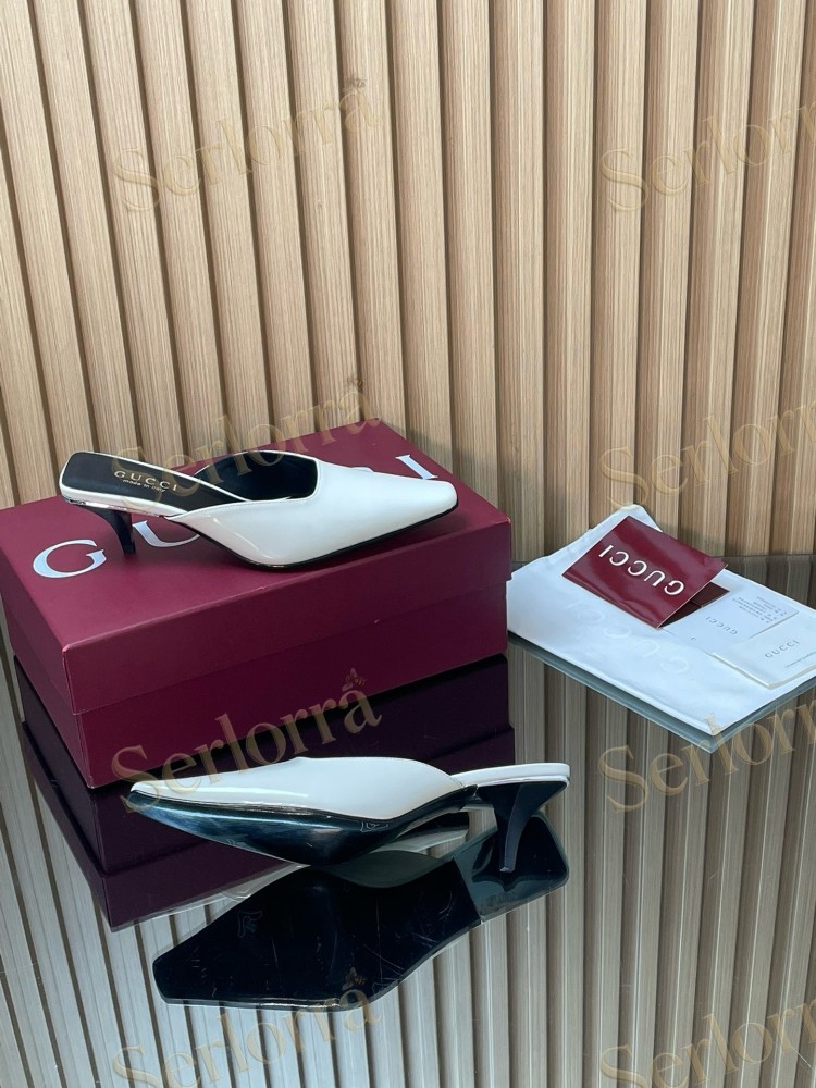 GUCCI LEATHER SQUARE TOE KITTEN HEEL MULES