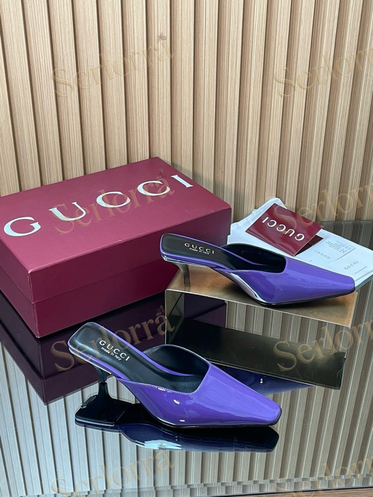 GUCCI LEATHER SQUARE TOE KITTEN HEEL MULES