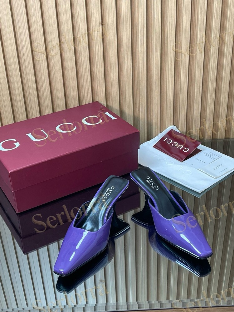 GUCCI LEATHER SQUARE TOE KITTEN HEEL MULES