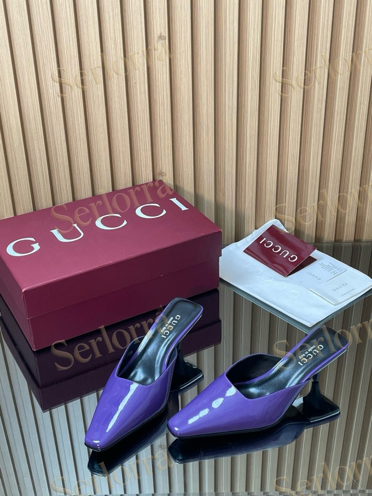 GUCCI LEATHER SQUARE TOE KITTEN HEEL MULES