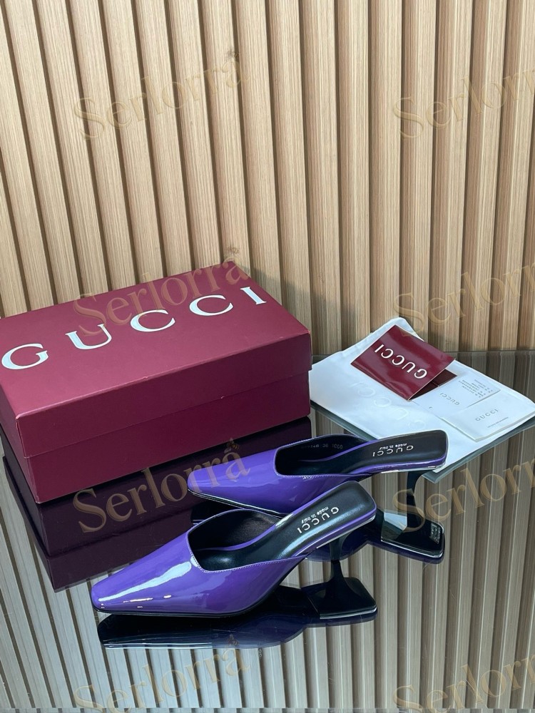 GUCCI LEATHER SQUARE TOE KITTEN HEEL MULES