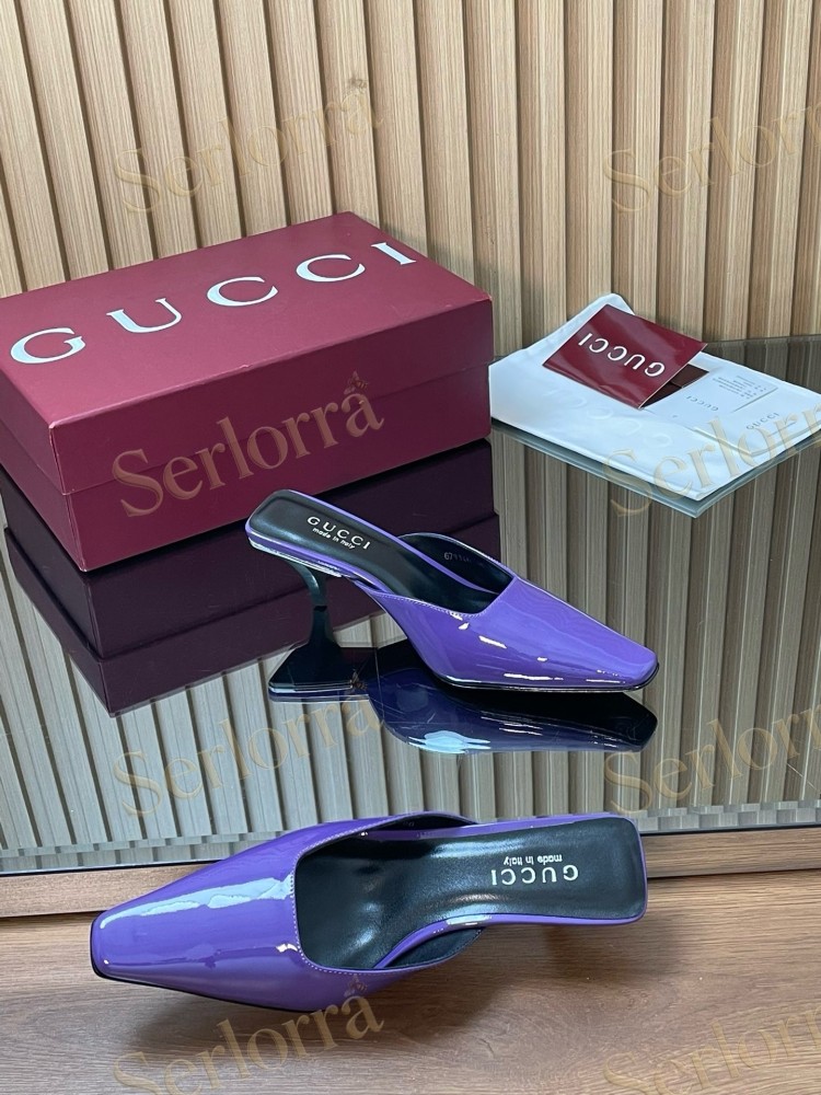 GUCCI LEATHER SQUARE TOE KITTEN HEEL MULES