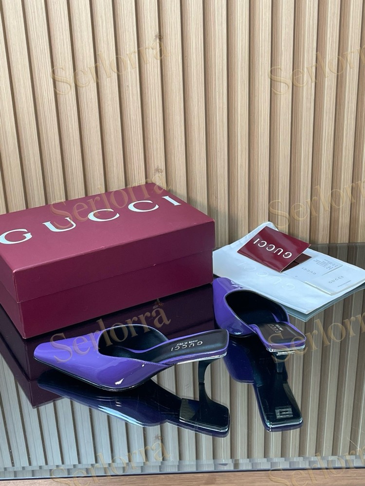 GUCCI LEATHER SQUARE TOE KITTEN HEEL MULES