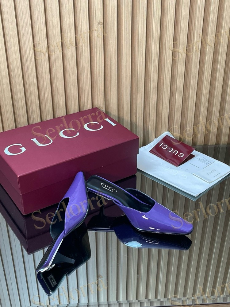 GUCCI LEATHER SQUARE TOE KITTEN HEEL MULES