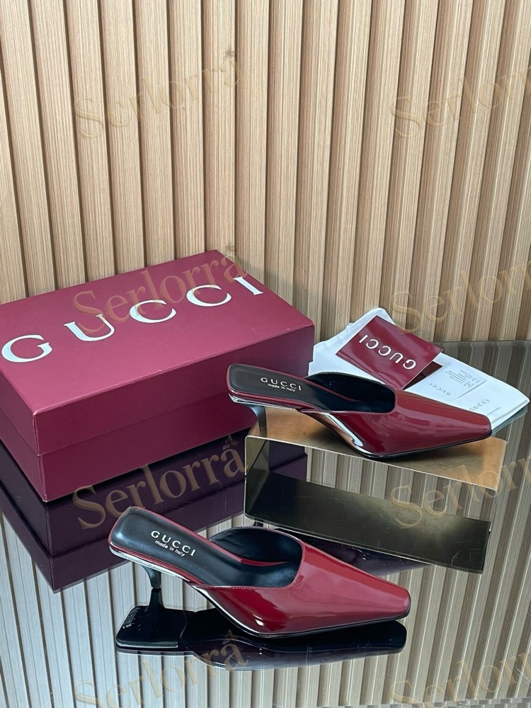 GUCCI LEATHER SQUARE TOE KITTEN HEEL MULES