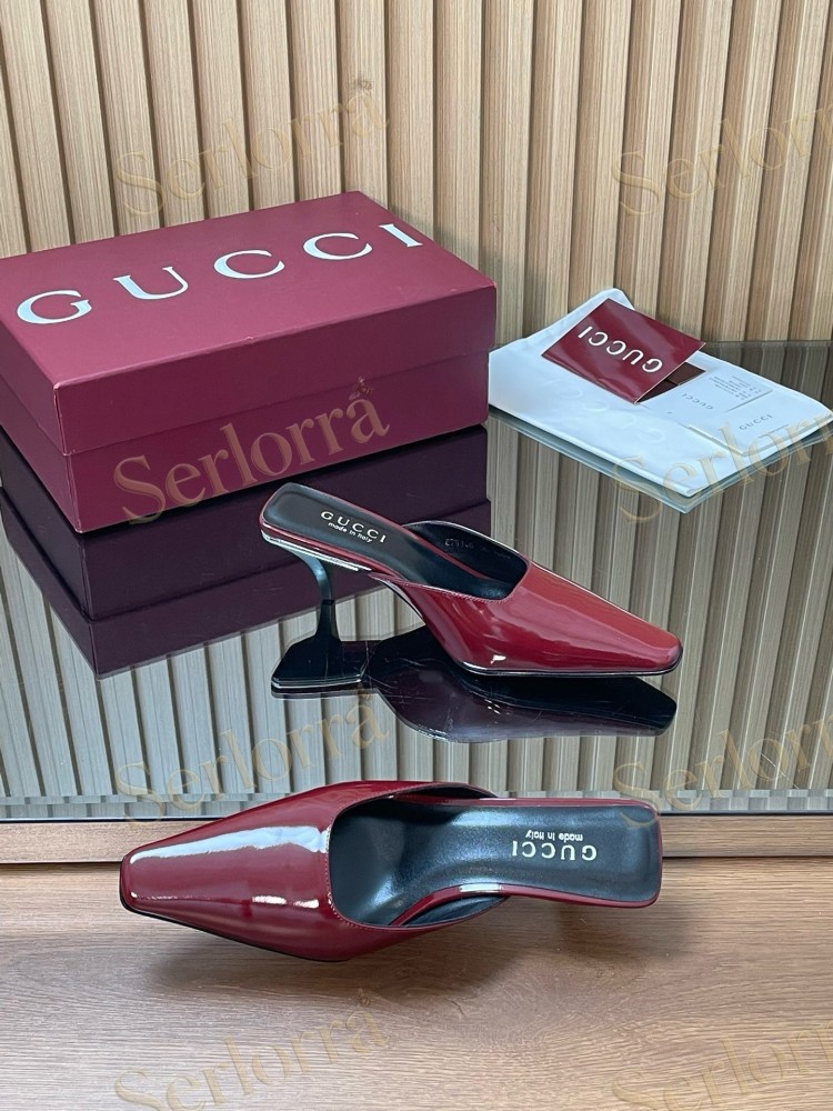 GUCCI LEATHER SQUARE TOE KITTEN HEEL MULES
