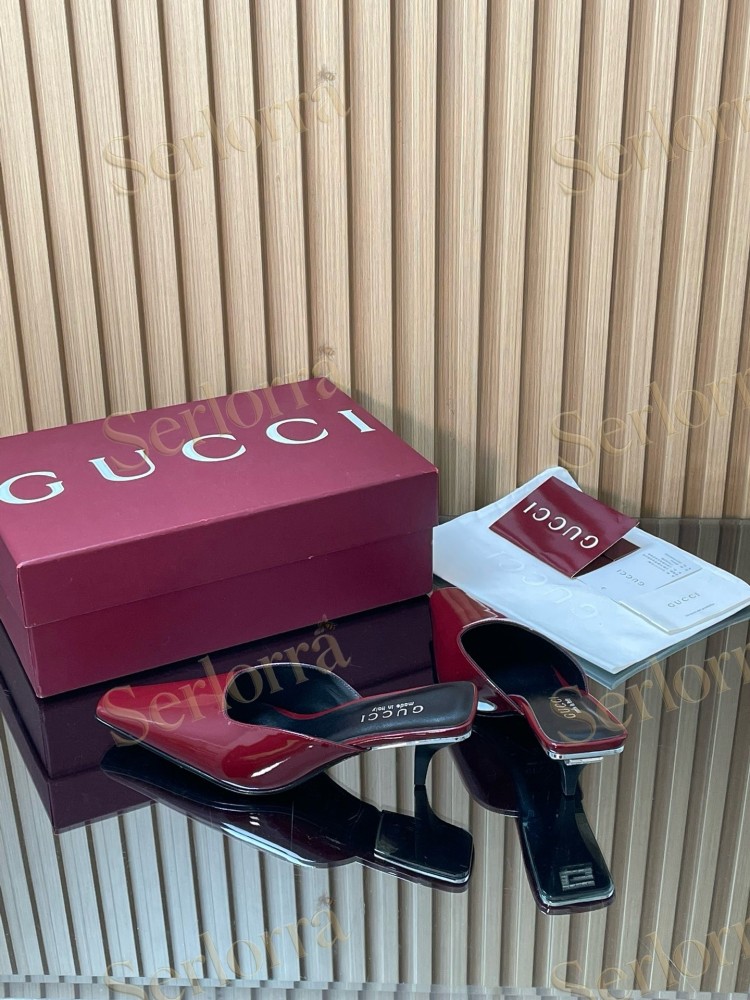 GUCCI LEATHER SQUARE TOE KITTEN HEEL MULES