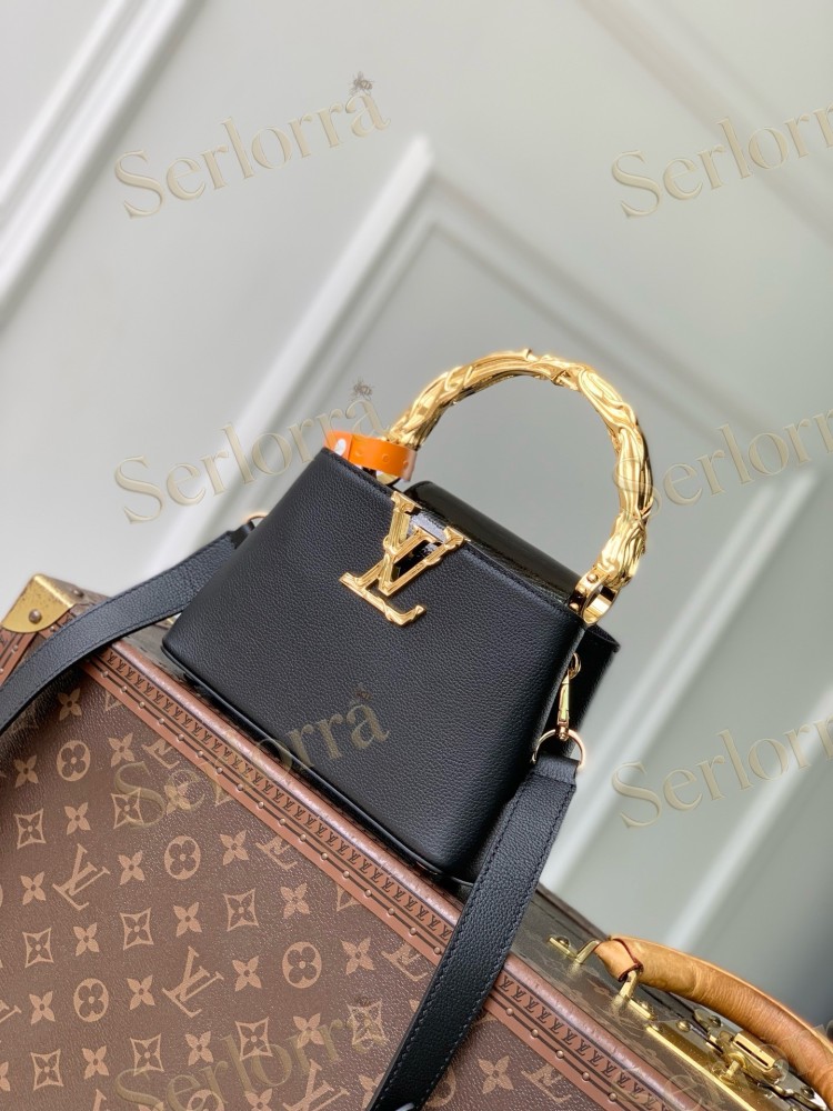 LOUIS VUITTON CAPUCINES MINI CARVED HANDLE TAURILLON LEATHER HANDBAG