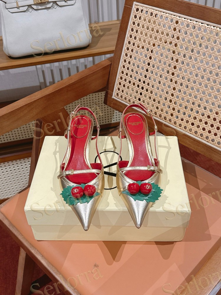 VALENTINO GARAVANI GOLD METALLIC LEATHER CHERRY DECORATION POINTED‑TOE SLINGBACK KITTEN HEEL SANDALS