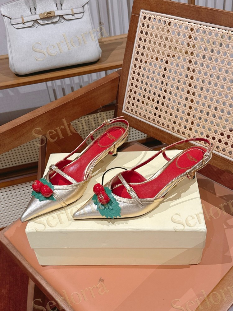 VALENTINO GARAVANI GOLD METALLIC LEATHER CHERRY DECORATION POINTED‑TOE SLINGBACK KITTEN HEEL SANDALS