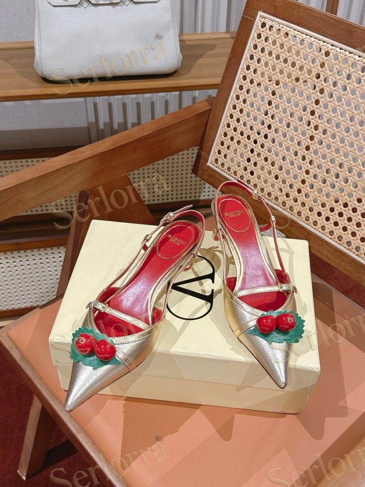 VALENTINO GARAVANI GOLD METALLIC LEATHER CHERRY DECORATION POINTED‑TOE SLINGBACK KITTEN HEEL SANDALS
