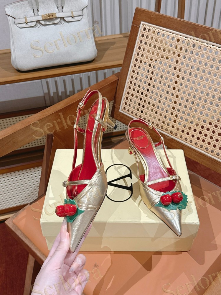 VALENTINO GARAVANI GOLD METALLIC LEATHER CHERRY DECORATION POINTED‑TOE SLINGBACK KITTEN HEEL SANDALS
