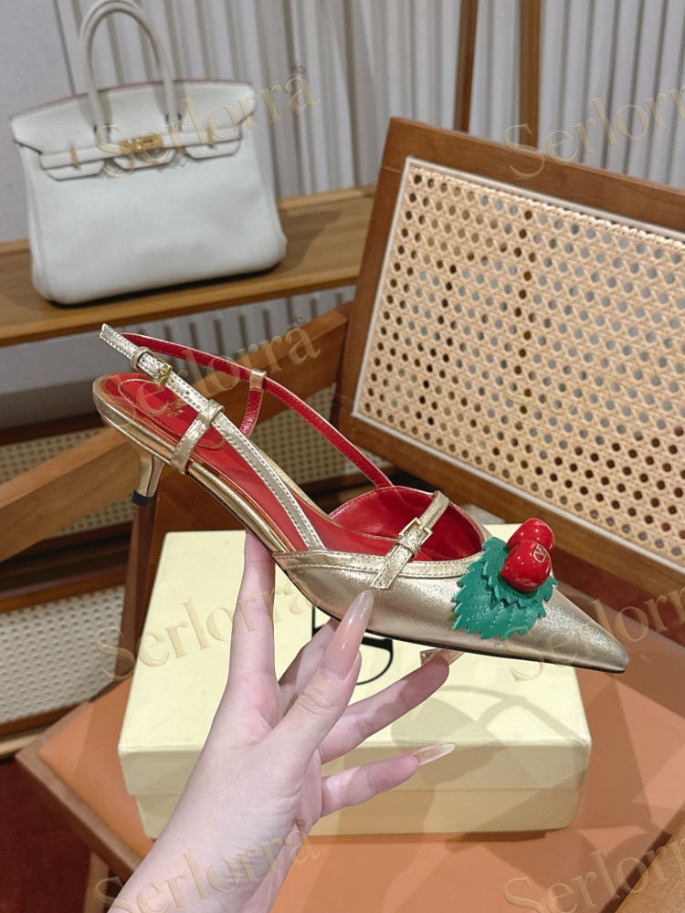 VALENTINO GARAVANI GOLD METALLIC LEATHER CHERRY DECORATION POINTED‑TOE SLINGBACK KITTEN HEEL SANDALS