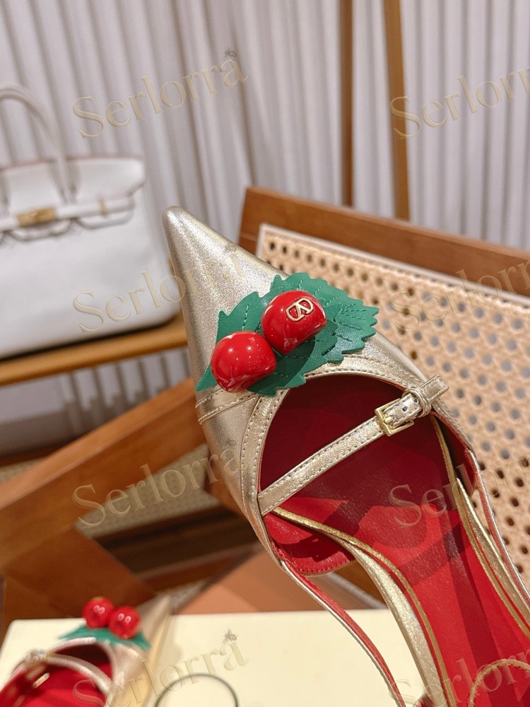 VALENTINO GARAVANI GOLD METALLIC LEATHER CHERRY DECORATION POINTED‑TOE SLINGBACK KITTEN HEEL SANDALS