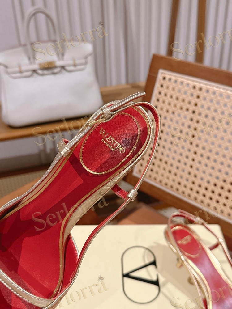 VALENTINO GARAVANI GOLD METALLIC LEATHER CHERRY DECORATION POINTED‑TOE SLINGBACK KITTEN HEEL SANDALS