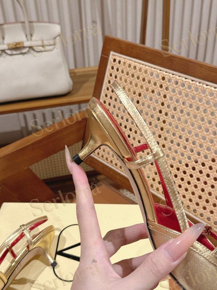 VALENTINO GARAVANI GOLD METALLIC LEATHER CHERRY DECORATION POINTED‑TOE SLINGBACK KITTEN HEEL SANDALS