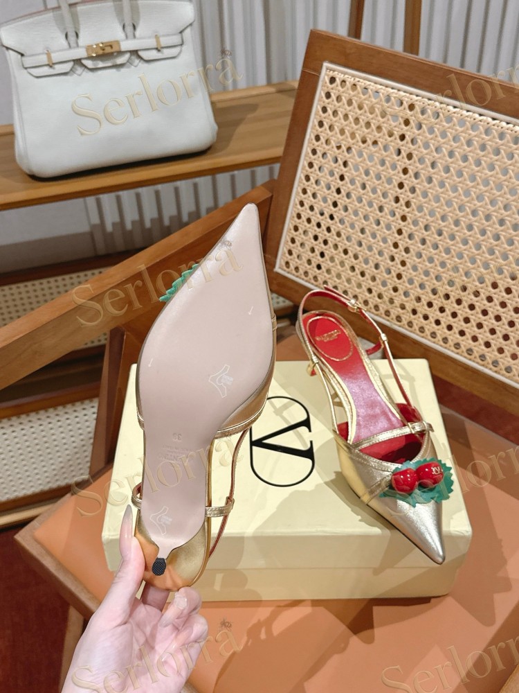 VALENTINO GARAVANI GOLD METALLIC LEATHER CHERRY DECORATION POINTED‑TOE SLINGBACK KITTEN HEEL SANDALS