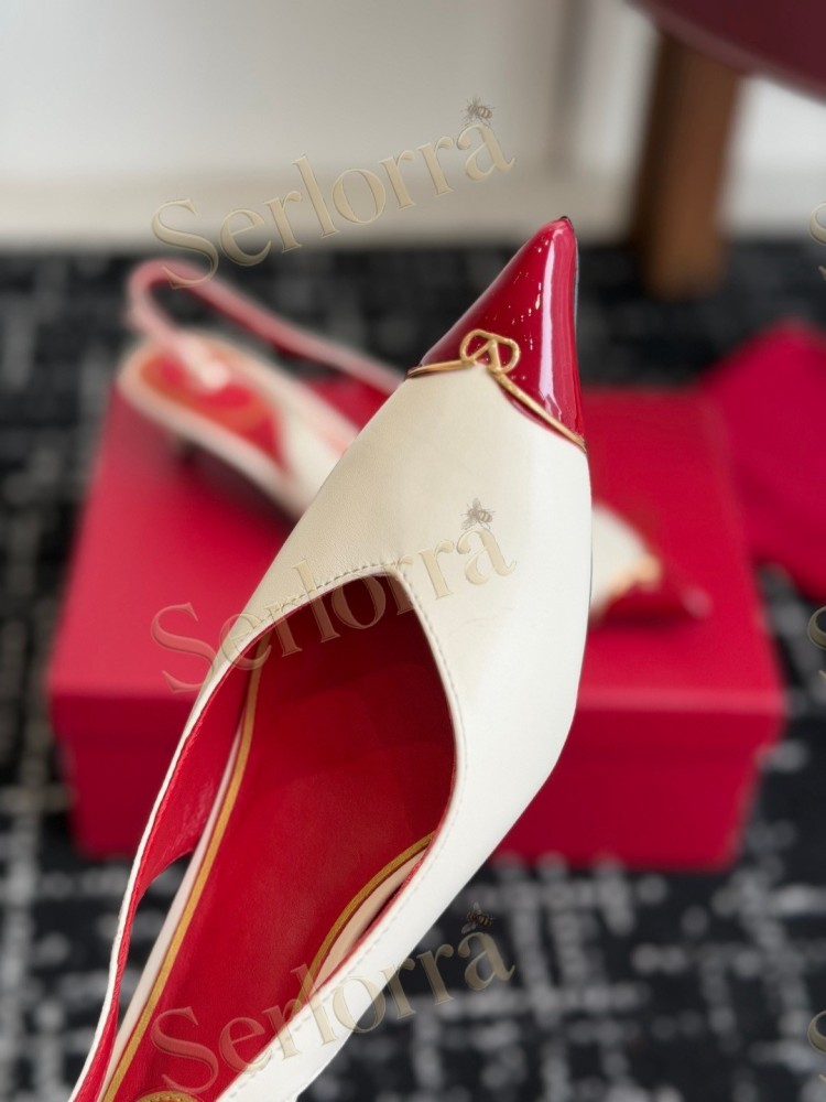 VALENTINO GARAVANI NUDE LEATHER RED LINING METAL LOGO POINTED-TOE KITTEN HEEL SLINGBACK PUMPS