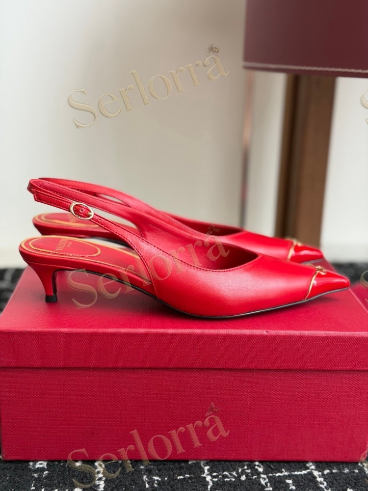 VALENTINO GARAVANI NUDE LEATHER RED LINING METAL LOGO POINTED-TOE KITTEN HEEL SLINGBACK PUMPS