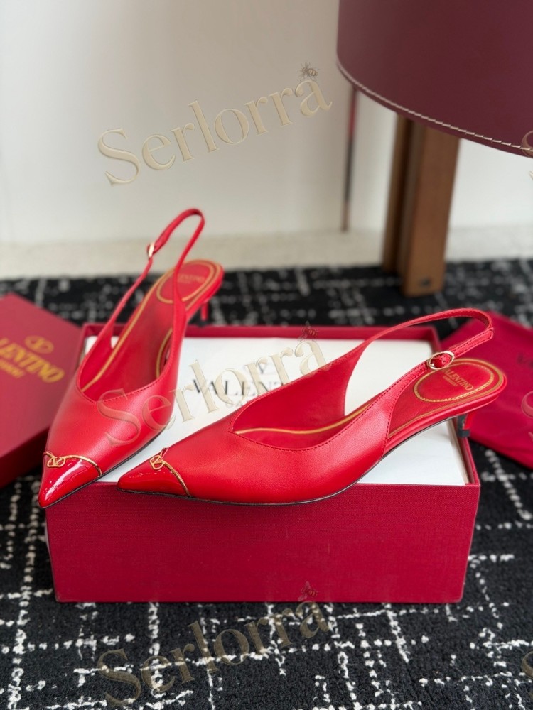 VALENTINO GARAVANI NUDE LEATHER RED LINING METAL LOGO POINTED-TOE KITTEN HEEL SLINGBACK PUMPS