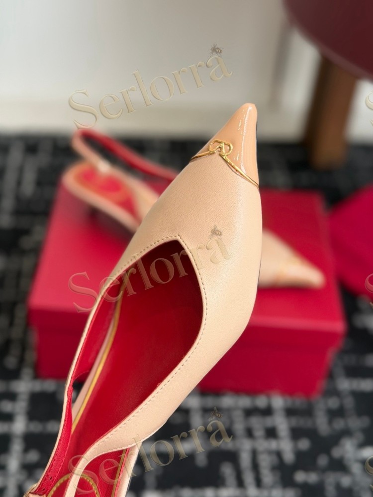 VALENTINO GARAVANI NUDE LEATHER RED LINING METAL LOGO POINTED-TOE KITTEN HEEL SLINGBACK PUMPS