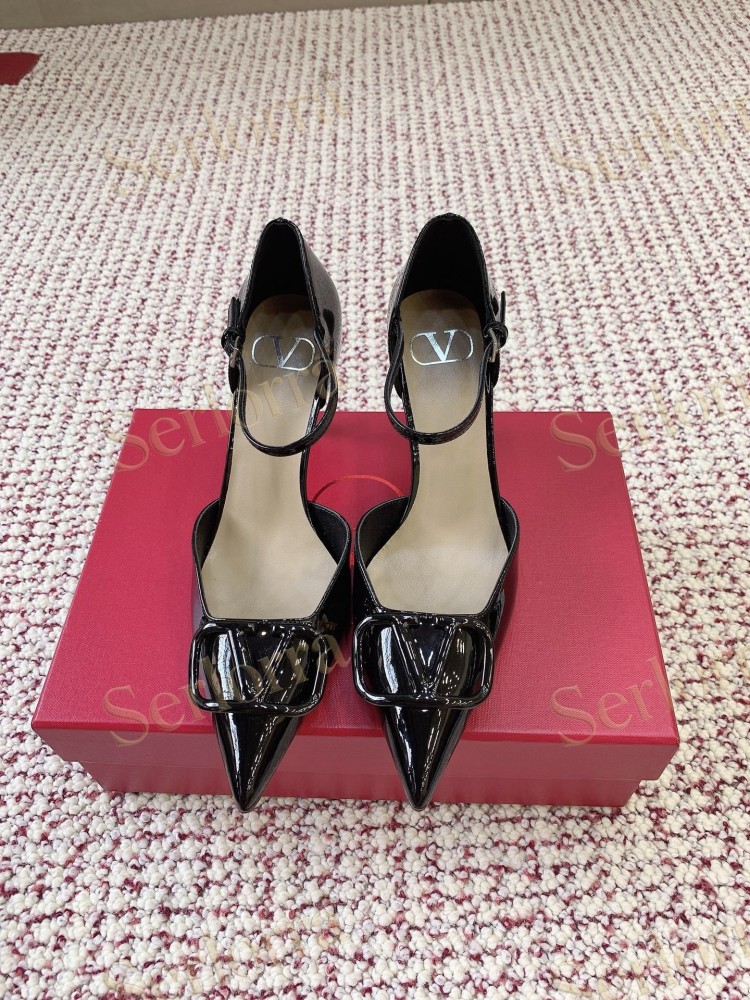 VALENTINO GARAVANI BLACK PATENT LEATHER VLOGO POINTED‑TOE ANKLE‑STRAP STILETTO PUMPS