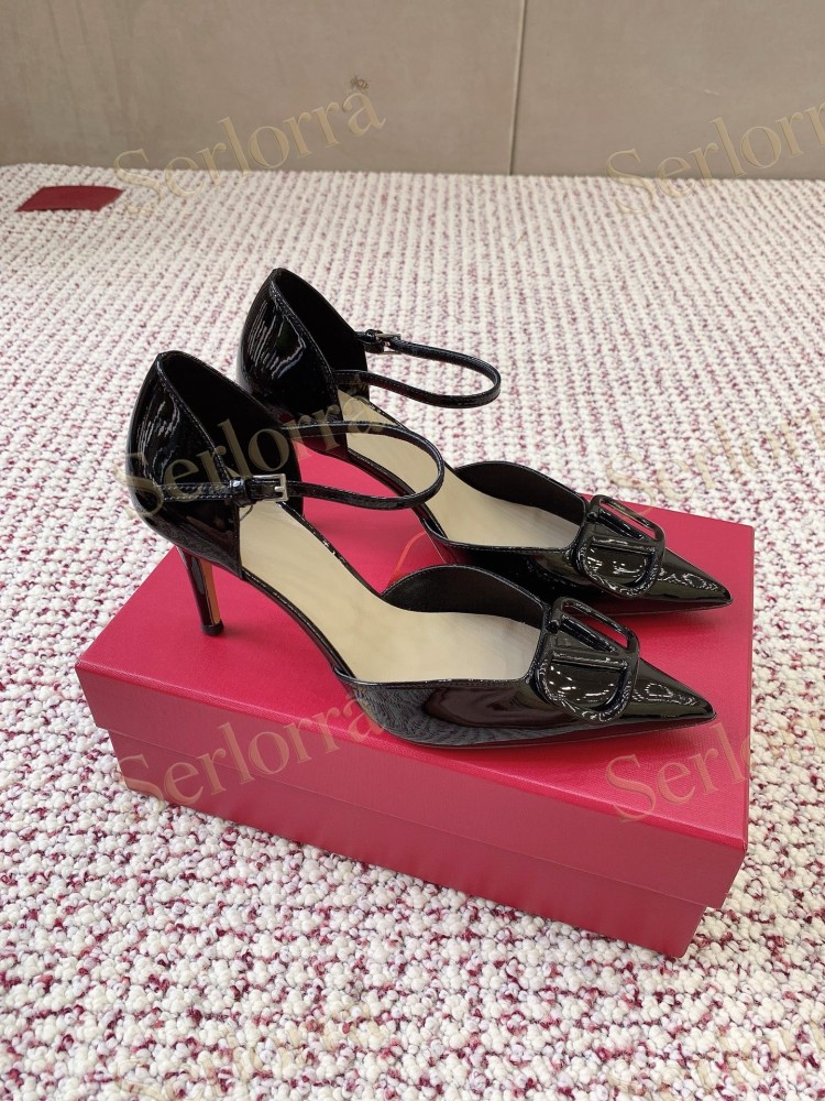 VALENTINO GARAVANI BLACK PATENT LEATHER VLOGO POINTED‑TOE ANKLE‑STRAP STILETTO PUMPS