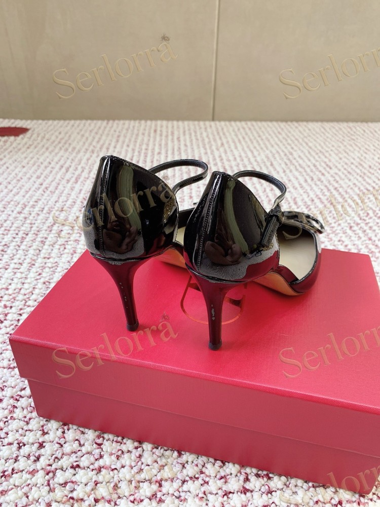 VALENTINO GARAVANI BLACK PATENT LEATHER VLOGO POINTED‑TOE ANKLE‑STRAP STILETTO PUMPS