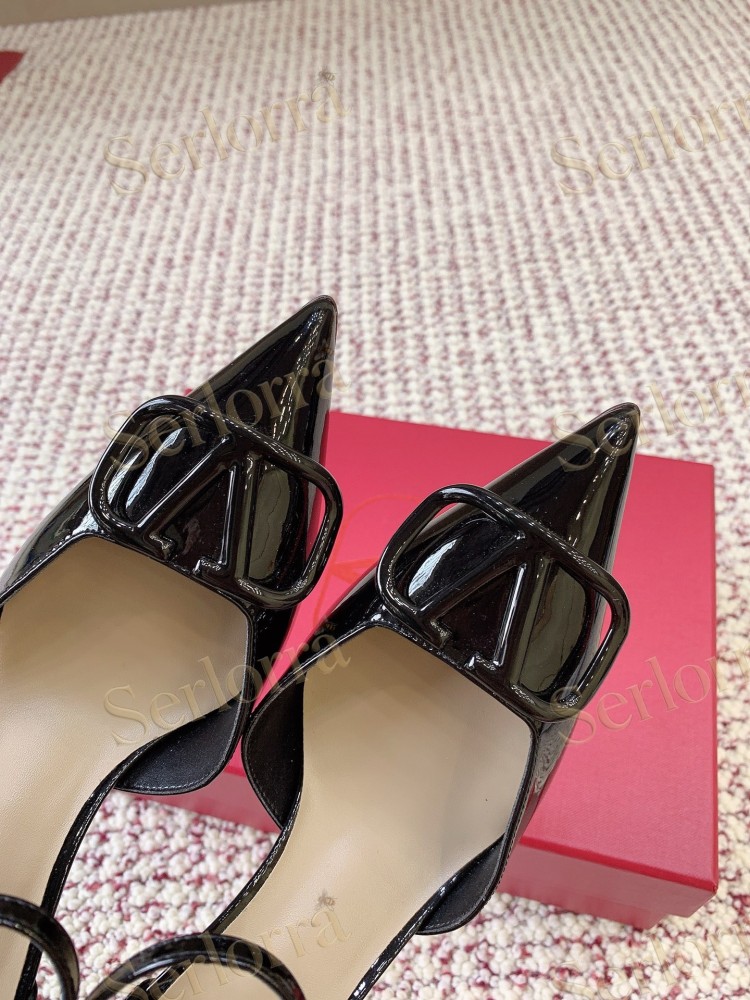 VALENTINO GARAVANI BLACK PATENT LEATHER VLOGO POINTED‑TOE ANKLE‑STRAP STILETTO PUMPS